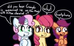 Size: 2552x1606 | Tagged: safe, artist:just loq, imported from derpibooru, apple bloom, scootaloo, sweetie belle, earth pony, pegasus, pony, unicorn, adorabloom, black background, bow, cellphone, cute, cutealoo, cutie mark crusaders, derp, dialogue, diasweetes, google experimenting on elon musk with kitten chemicals, meme, phone, shitposting, simple background, smartphone, speech bubble, text, wat