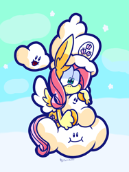 Size: 1536x2048 | Tagged: safe, artist:derp-rose, imported from derpibooru, fluttershy, pegasus, pony, cloud, cute, female, hat, mare, on a cloud, shyabetes, sitting, sitting on a cloud, solo