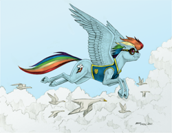 Size: 1400x1089 | Tagged: safe, artist:baron engel, color edit, edit, editor:maonyman, imported from derpibooru, rainbow dash, bird, pegasus, pony, clothes, cloud, colored, dock, female, flying, goggles, mare, migration, pencil drawing, tail, traditional art, winter wrap up vest