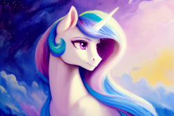 Size: 1920x1280 | Tagged: safe, derpibooru exclusive, editor:dovakkins, imported from derpibooru, princess celestia, alicorn, pony, ai content, ai generated, beautiful, cloud, cloudy, day, female, generator:stable diffusion, long mane, majestic, mare, missing accessory, night, night sky, regalia, sky, smiling, solo, sternocleidomastoid, sunrise