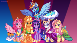 Size: 1920x1080 | Tagged: safe, artist:moonseeker, imported from derpibooru, applejack, fluttershy, pinkie pie, rainbow dash, rarity, twilight sparkle, alicorn, pony, alicorn six, applecorn, clothes, crown, dress, female, fluttercorn, horn, jewelry, lidded eyes, looking at you, mane six, mare, open mouth, open smile, pinkiecorn, rainbowcorn, raricorn, regalia, smiling, smiling at you, twilight sparkle (alicorn), wings