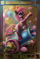 Size: 1581x2343 | Tagged: safe, artist:polnocnykot, imported from derpibooru, gummy, pinkie pie, alligator, crocodile, earth pony, pony, april fools, balloon, beads, blue eyes, bracelet, bunting, cake, candle, candy, cannon, cliff, colored, confetti, cotton candy, cute, danger, decoration, duo, duo male and female, ear piercing, female, female focus, food, funny, gummy bear, happy, hat, holiday, jewelry, male, mare, necklace, open mouth, party, party cannon, party hat, party horn, pet, piercing, playing card, shiny, shooting, sitting, slinky, smiling, solo focus, tail, tarot, tarot card, teeth, the fool, thread, toy