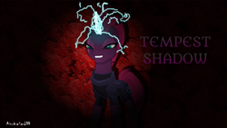 Size: 1920x1080 | Tagged: safe, artist:ahsokafan100, artist:cheezedoodle96, imported from derpibooru, tempest shadow, pony, unicorn, my little pony: the movie, armor, broken horn, eye scar, facial scar, female, glowing, glowing horn, gritted teeth, horn, mare, scar, solo, sparks, teeth, text, wallpaper