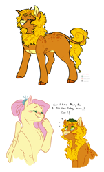 Size: 3096x5125 | Tagged: safe, artist:brushielovesu, imported from derpibooru, fluttershy, oc, oc:mimosa, frog, pegasus, pony, blush sticker, blushing, dialogue, duo, female, foal, grin, interspecies offspring, kirin hybrid, magical lesbian spawn, male, mother and child, mother and son, offspring, older, older fluttershy, parent:autumn blaze, parent:fluttershy, parents:autumnshy, pet, pet oc, simple background, smiling, white background