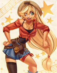 Size: 3185x4095 | Tagged: safe, artist:kyurochurro, imported from derpibooru, part of a set, applejack, human, alternate hairstyle, bandana, belt, bracelet, breasts, busty applejack, clothes, denim, denim skirt, ear piercing, earring, eyeshadow, female, flannel, holster, humanized, jewelry, lipstick, makeup, mismatched socks, music notes, necklace, open mouth, piercing, shirt, simple background, skirt, socks, solo, stars, stockings, straw in mouth, tan skin, tanktop, thigh highs, white background