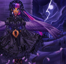 Size: 4147x4050 | Tagged: safe, artist:kyurochurro, imported from derpibooru, part of a set, twilight sparkle, human, alternate hairstyle, choker, clothes, cloud, dark skin, dress, ear piercing, earring, eyeshadow, feather, female, goth, gothic, gothic lolita, graveyard, headdress, humanized, jewelry, lightning, lipstick, makeup, moderate dark skin, moon, nail polish, piercing, rain, solo, winged humanization, wings