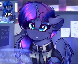 Size: 2048x1695 | Tagged: safe, artist:legionsunite, imported from derpibooru, princess luna, pony, robot, robot pony, comparison, computer, connor, connor luna, crossover, detroit: become human, draw this again, female, mare, redraw, rk900, solo