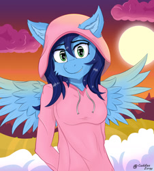 Size: 1440x1596 | Tagged: safe, artist:zorgycuddles, imported from derpibooru, oc, oc only, oc:zorgy cuddles, anthro, pegasus, clothes, hands behind back, hoodie, looking at you, shy, sky, solo, spread wings, sunset, wings