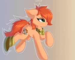 Size: 4096x3291 | Tagged: safe, artist:lunylin, imported from derpibooru, oc, oc only, oc:rusty gears, earth pony, pony, chest fluff, clothes, earth pony oc, female, gradient background, mare, raised hoof, scarf, socks, solo, striped scarf, striped socks