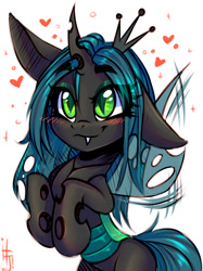 Size: 1024x1366 | Tagged: safe, artist:falafeljake, imported from derpibooru, queen chrysalis, changeling, changeling queen, bipedal, blushing, buzzing wings, cute, cutealis, fangs, happy, heart, simple background, sketch, solo, white background, wings