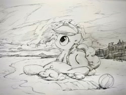 Size: 3280x2460 | Tagged: safe, artist:widelake, imported from derpibooru, pinkie pie, rainbow dash, earth pony, pegasus, beach, beach ball, duo, female, pencil drawing, traditional art