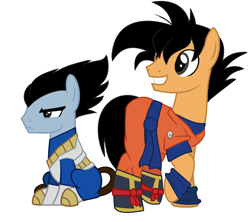 Size: 1815x1615 | Tagged: safe, artist:harmonicdreemur1308, imported from derpibooru, earth pony, pony, 2020, base used, clothes, dragon ball, dragon ball z, duo, frown, looking back, male, old art, raised hoof, simple background, sitting, son goku, stallion, vegeta, white background