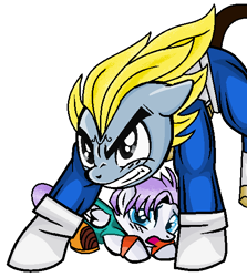 Size: 493x553 | Tagged: safe, artist:harmonicdreemur1308, imported from derpibooru, earth pony, pegasus, pony, 2020, angry, anime, base used, colt, dragon ball, dragon ball z, duo, father and child, father and son, foal, kid trunks, male, old art, protecting, scared, simple background, stallion, trunks (dragon ball), vegeta, white background
