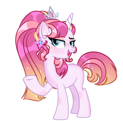 Size: 2048x2048 | Tagged: safe, artist:harmonyvitality-yt, imported from derpibooru, oc, oc only, pony, unicorn, base used, ethereal mane, eyelashes, female, horn, jewelry, magical threesome spawn, mare, multiple parents, offspring, parent:princess cadance, parent:shining armor, parent:twilight sparkle, raised hoof, simple background, smiling, solo, starry mane, tiara, transparent background, underhoof, unicorn oc