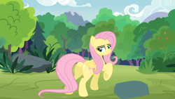 Size: 1316x740 | Tagged: safe, artist:mlpfan3991, imported from derpibooru, fluttershy, pegasus, pony, butt, female, flutterbutter, forest, mare, plot, pose, raised hoof, rock, sexy, solo, tree