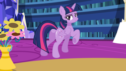 Size: 1316x740 | Tagged: safe, artist:mlpfan3991, imported from derpibooru, twilight sparkle, alicorn, pony, bedroom eyes, butt, butt tail, female, flower, library, looking at you, looking back, looking back at you, mare, plot, pose, raised hoof, sexy, smiling, solo, twibutt, twilight sparkle (alicorn), twilight's castle, twilight's castle library, underhoof, vase