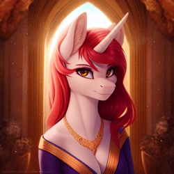 Size: 3072x3072 | Tagged: safe, imported from derpibooru, oc, oc only, anthro, unicorn, anthro oc, breasts, clothes, cute, dress, female, horn, jewelry, machine learning generated, mare, solo, solo female, stable diffusion, unicorn oc