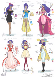 Size: 1280x1786 | Tagged: safe, artist:rarity-sketches, imported from derpibooru, fashion plate, rarity, human, beret, clothes, dress, female, hat, horn, horn jewelry, horned humanization, humanized, jewelry, solo
