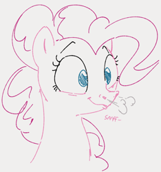 Size: 600x641 | Tagged: artist needed, safe, imported from twibooru, pinkie pie, earth pony, pony, bust, exhale, female, image, mare, png, simple background, sketch, solo, white background