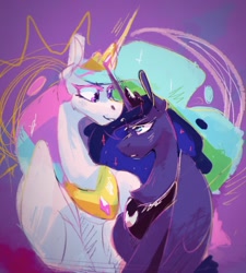 Size: 1214x1346 | Tagged: safe, artist:anticular, imported from derpibooru, princess celestia, princess luna, alicorn, pony, crown, duo, horn, jewelry, long neck, mare, necc, partially open wings, peytral, regalia, royal sisters, siblings, sisters, sketch, wings