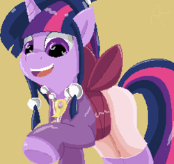 Size: 2000x1890 | Tagged: safe, artist:reinbou, imported from derpibooru, twilight sparkle, pony, unicorn, ace attorney, jewelry, maya fey, necklace, pixel art, simple background, solo, unicorn twilight, yellow background