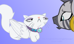 Size: 530x318 | Tagged: safe, artist:mockingbirb, imported from derpibooru, opalescence, zecora, alicorn wings, concerned, cover art, g4, shocked, shocked expression, show accurate, surprised, winged cat, wings, worried