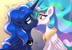 Size: 2040x1400 | Tagged: safe, artist:joakaha, imported from derpibooru, princess celestia, princess luna, alicorn, pony, accidental kiss, blushing, dialogue, duo, ethereal mane, eyelashes, eyeshadow, female, folded wings, galaxy mane, horn, incest, kiss on the lips, kissing, lesbian, lidded eyes, makeup, pegasus wings, peytral, princest, royal sisters, shipping, shocked, siblings, sisters, unicorn horn, wings