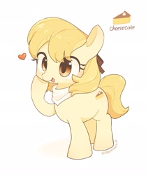 Size: 1713x2048 | Tagged: safe, artist:cheesesauce_45, imported from derpibooru, oc, oc only, oc:cheesecake, earth pony, pony, cute, earth pony oc, female, floating heart, heart, mare, name, ocbetes, open mouth, open smile, signature, simple background, smiling, solo, white background