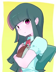 Size: 1603x2048 | Tagged: safe, artist:cheesesauce_45, imported from derpibooru, twilight sparkle, human, equestria girls, backpack, book, eye clipping through hair, female, looking at you, passepartout, solo