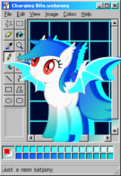 Size: 3095x4500 | Tagged: safe, artist:equestrian_pony, imported from derpibooru, oc, oc only, oc:charging bite, bat pony, pony, gradient, gradient hooves, gradient mane, gradient tail, microsoft, microsoft windows, ms paint, neon, retrowave, solo, tail, webcore, windows 98