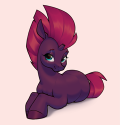 Size: 2375x2475 | Tagged: safe, artist:aquaticvibes, imported from derpibooru, fizzlepop berrytwist, tempest shadow, pony, unicorn, broken horn, cute, eye scar, eyebrows, facial scar, female, high res, horn, looking at you, lying down, mare, prone, scar, shadow, simple background, smiling, smiling at you, solo, tan background, tempestbetes