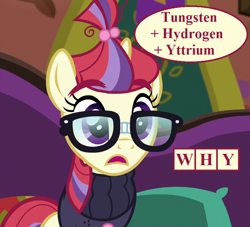 Size: 792x720 | Tagged: safe, edit, edited screencap, imported from derpibooru, screencap, moondancer, the point of no return, chemistry joke, clothes, cropped, glasses, reaction image, speech bubble, sweater, the tasty treat