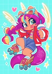 Size: 2381x3368 | Tagged: safe, artist:oofycolorful, imported from derpibooru, sunny starscout, alicorn, earth pony, pony, semi-anthro, :p, alicornified, artificial horn, artificial wings, augmented, clothes, cute, female, g5, heart, high res, horn, jacket, looking at you, magic, magic horn, magic wings, mare, milkshake, ponytail, race swap, roller skates, shirt, shorts, signature, skates, smiling, smiling at you, smoothie, solo, sparkles, starry eyes, stars, sunglasses, sunnybetes, sunnycorn, tongue out, wingding eyes, wingdings, wings