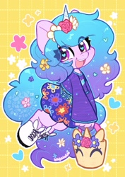 Size: 2381x3368 | Tagged: safe, artist:oofycolorful, imported from derpibooru, izzy moonbow, pony, semi-anthro, unicorn, basket, clothes, cute, eye clipping through hair, female, flower, flower in hair, g5, heart, heart eyes, high res, hoof shoes, horn, izzybetes, looking at you, mare, open mouth, open smile, shoes, signature, skirt, smiling, smiling at you, solo, sparkles, stars, sweater, unshorn fetlocks, wingding eyes