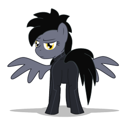 Size: 900x900 | Tagged: safe, artist:warren peace, imported from derpibooru, oc, oc only, oc:rainy day, pegasus, pony, fallout equestria, annoyed, ashes town, butt, clothes, enclave, eyebrows, eyelashes, feathered wings, female, frown, full body, grand pegasus enclave, hooves, jumpsuit, looking at you, mare, pegasus oc, plot, raised tail, rear view, shadow, show accurate, simple background, solo, spread wings, standing, tail, transparent background, wings