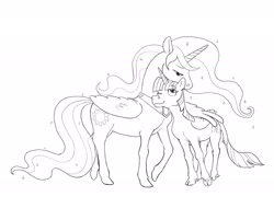 Size: 2048x1554 | Tagged: safe, artist:spectralunicorn, imported from derpibooru, princess celestia, twilight sparkle, alicorn, classical unicorn, pony, black and white, cloven hooves, duo, female, grayscale, height difference, hug, leonine tail, mare, monochrome, nuzzling, one eye closed, simple background, sketch, tail, twilight sparkle (alicorn), unshorn fetlocks, white background, winghug, wings