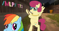 Size: 1360x711 | Tagged: safe, imported from derpibooru, posey shy, rainbow dash, pegasus, pony, /mlp/ tf2 general, barrel, disciplinary action (whip), duo, female, hoof hold, lights, mare, team fortress 2, text, train tracks, whip