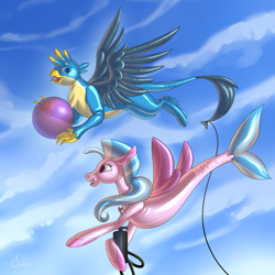 Size: 1706x1706 | Tagged: safe, artist:mekh, imported from derpibooru, gallus, silverstream, balloon pony, griffon, hippogriff, inflatable pony, sea pony, air nozzle, air pump, balloon, clothes, cloud, commission, conversation, fetish, floating, galloon, inflatable, inflatable fetish, inflatable griffon, inflatable seapony, inflatable toy, inflation, latex, living object, living toy, pointing, pool toy, pump, rubber, see-through, shiny, sky, talking, transformation, valve