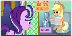Size: 1579x803 | Tagged: safe, artist:gutovi, imported from derpibooru, applejack, starlight glimmer, earth pony, pony, unicorn, bathroom, blushing, but why, cropped, dialogue, i can explain, implied pooping, newspaper, sitting, sitting on toilet, toilet
