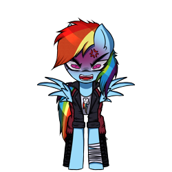 Size: 1000x1000 | Tagged: safe, alternate version, artist:menalia, imported from derpibooru, rainbow dash, pegasus, pony, angry, bandage, boots, clothes, danganronpa, female, jacket, leather, leather jacket, looking at you, mare, pants, pixel art, shirt, shoes, simple background, solo, sprite, style emulation, tomboy, transparent background, wings