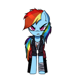 Size: 1000x1000 | Tagged: safe, alternate version, artist:menalia, imported from derpibooru, rainbow dash, pegasus, pony, angry, bandage, boots, clothes, danganronpa, female, jacket, leather, leather jacket, looking at you, mare, pants, pixel art, shirt, shoes, simple background, solo, sprite, style emulation, tomboy, transparent background, wings