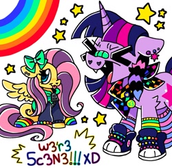 Size: 1611x1573 | Tagged: safe, artist:raystarkitty, imported from derpibooru, fluttershy, twilight sparkle, pegasus, pony, unicorn, :p, >.<, ><, bandaid, bandaid on nose, bow, clothes, converse, coontails, cute, cute little fangs, duo, eyes closed, fangs, female, heart, heart eyes, mare, meme, open mouth, rainbow, scene, shoes, shyabetes, simple background, sitting, spread wings, stars, tongue out, unicorn twilight, we're emo, white background, wingding eyes, wings