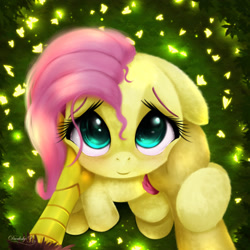 Size: 1800x1800 | Tagged: safe, artist:darksly, imported from derpibooru, discord, fluttershy, butterfly, draconequus, pegasus, pony, cute, female, floppy ears, glowing, hand on face, looking at you, mare, offscreen character, pov, shyabetes, signature, smiling, smiling at you, solo focus