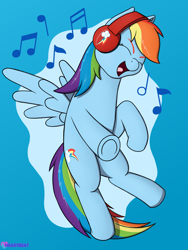 Size: 1500x1995 | Tagged: safe, artist:passionpanther, imported from derpibooru, rainbow dash, pegasus, pony, series:ponies with headphones, eyes closed, flying, headphones, music notes, open mouth, open smile, smiling, solo, spread wings, wings