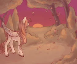 Size: 1024x855 | Tagged: safe, artist:flowercatbutters, imported from derpibooru, fluttershy, butterfly, pegasus, pony, facing away, female, mare, solo, sunset, tree
