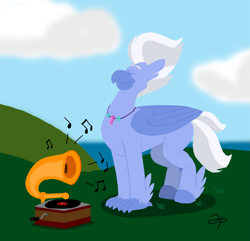 Size: 3571x3442 | Tagged: safe, artist:rotgriff, imported from derpibooru, sky beak, hippogriff, cloud, cute, eyes closed, folded wings, g4, gramophone, happy, jewelry, listening to music, male, music, music notes, necklace, outdoors, phonograph, record, record player, smiling, solo, wings