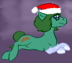 Size: 713x619 | Tagged: safe, artist:walthis, imported from derpibooru, oc, oc only, oc:tempus fidgets, earth pony, pony, christmas, crossed hooves, earth pony oc, glasses, hat, holiday, looking at you, lying down, male, prone, santa hat, solo, stallion, tail