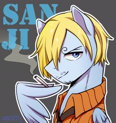 Size: 1936x2048 | Tagged: safe, artist:song_fantasy, imported from derpibooru, pegasus, pony, anime, cigarette, clothes, crossover, gray background, male, necktie, one piece, ponified, shirt, simple background, smoking, solo, stallion, vinsmoke sanji, wing hands, wings