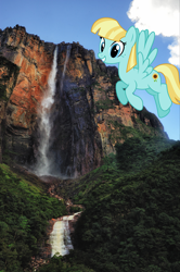 Size: 2362x3549 | Tagged: safe, artist:starryshineviolet, edit, imported from derpibooru, helia, pegasus, pony, angel falls, female, flying, g4, irl, looking at you, mare, photo, ponies in real life, smiling, smiling at you, solo, venezuela, water, waterfall