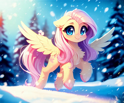 Size: 1536x1280 | Tagged: safe, derpibooru exclusive, editor:nightluna, imported from derpibooru, fluttershy, pegasus, pony, ai content, ai generated, chest fluff, cute, eyebrows, eyelashes, female, forest, generator:purplesmart.ai, generator:stable diffusion, looking at you, mare, one ear down, prompter:nightluna, shyabetes, smiling, snow, snowfall, solo, spread wings, tree, wings, winter